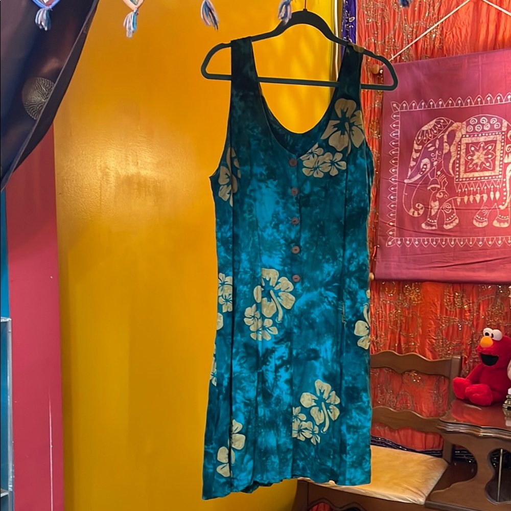 NaPua Collection vintage Hawaiian Teal Floral Tie-Dye Tank Dress XL